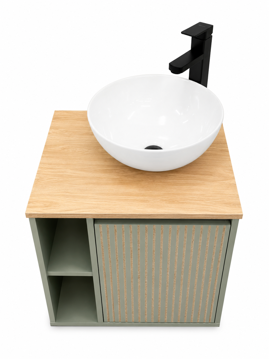 Mueble de Baño Moderno Bicolor con Lavamanos Sobreponer y Grifería Negra